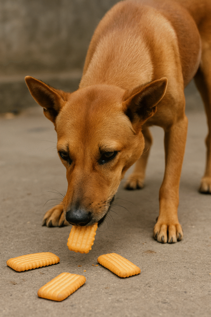 A street dog eating biscuits