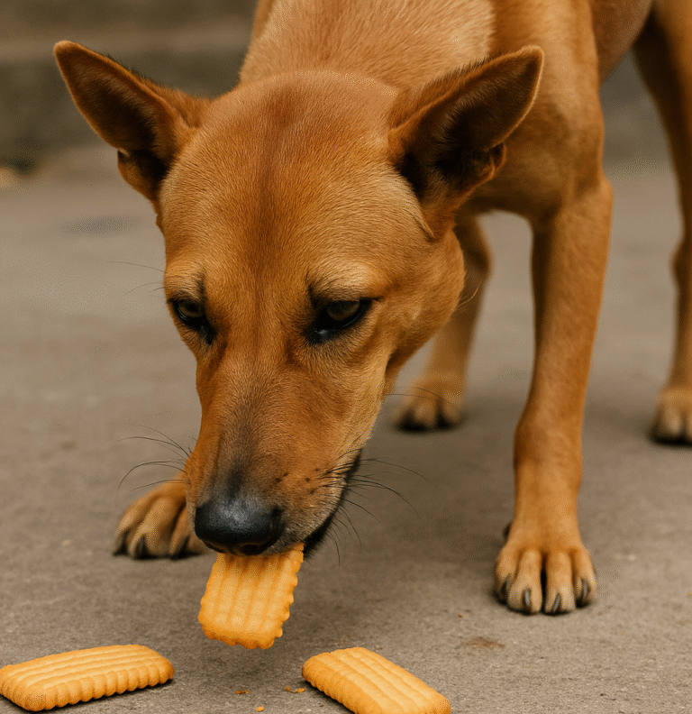 A street dog eating biscuits